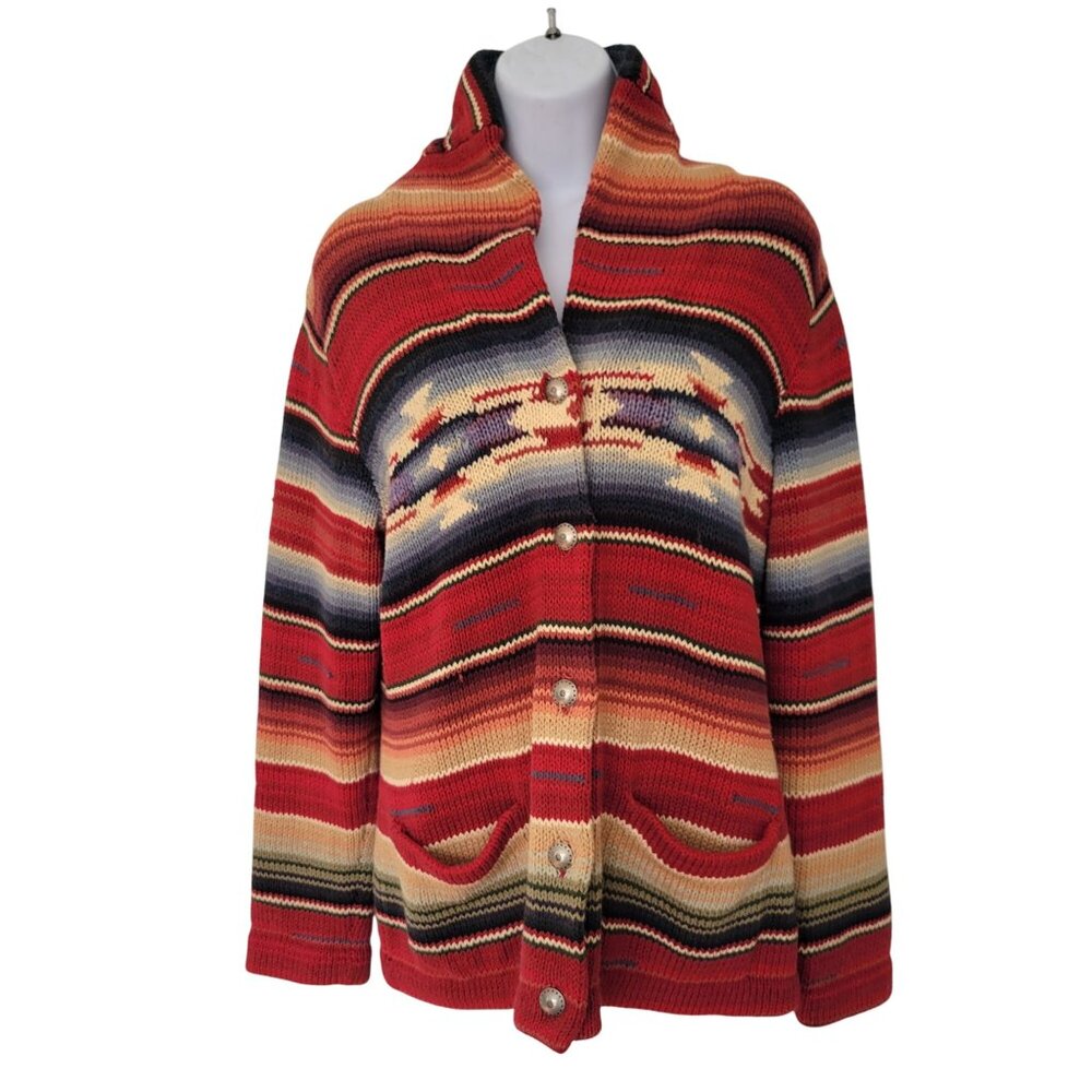 Ralph Lauren Hand Knit Southwest Aztec Print Red Striped Sweater Cardigan Shawl - Picture 2 of 10